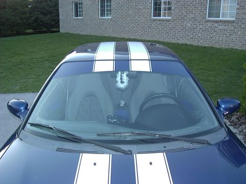 1995 Ford Probe - The front of a blue car with white racing stripes is visible, along with the interior and a brick building in the background.