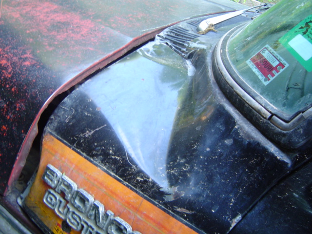 1979 Ford Bronco Custom emblem on black fender with red paint splatter