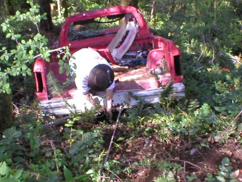 1978 Ford Bronco - A person works on the rear of a red pickup truck bed, which is overgrown with vegetation in a wooded area.