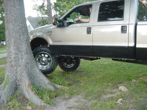 2000 Chevrolet Tahoe - Pickup truck with large tires parked close to a tree trunk.