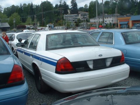 1999 Ford Crown Victoria - White Ford Crown Victoria with blue stripe is parked in a lot with other vehicles.