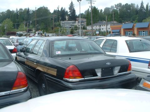 1999 Ford Crown Victoria - Rear view of a black 1999 Ford Crown Victoria, parked in a lot with other vehicles.