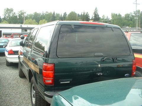 1999 Ford Crown Victoria - Rear view of a green Ford Expedition SUV, parked outdoors with other vehicles.