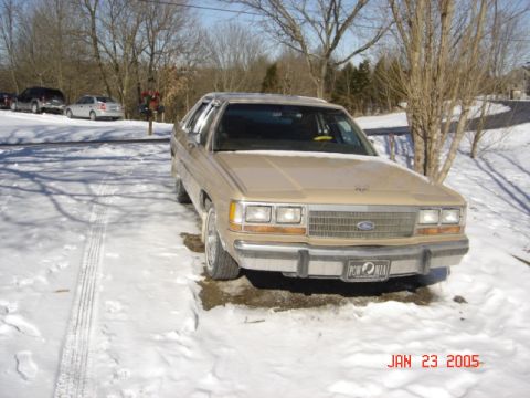 1989 Ford Crown Victoria LTD - Tan Ford sedan from the 1980s sits in the snow, with other cars in the background.