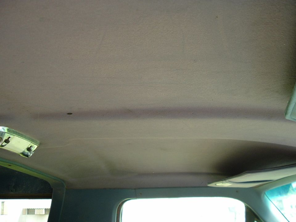 Interior shot of a vehicle's headliner, showing a dome light and part of a sun visor