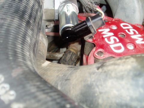 1990 Ford Bronco - Close-up of an engine bay showing a red MSD ignition distributor with its cap and a black plug boot, alongside a chrome cylindrical compone…