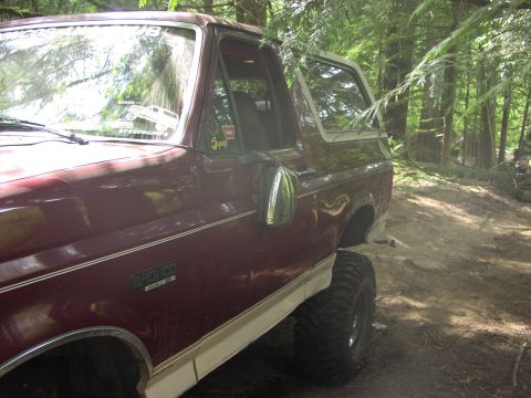 1993 Ford Bronco - A maroon 1993 Ford Bronco with a white removable top is parked on a dirt path in a wooded area.