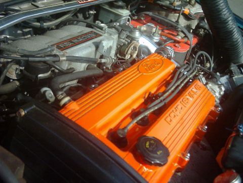 1991 Ford Escort - Engine bay detail showing orange painted valve covers and 'FUEL INJECTION' label on the intake manifold.