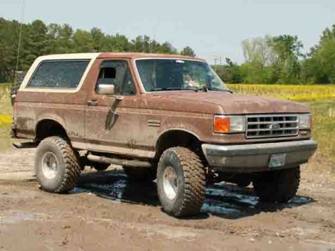 1988 Ford Bronco - This 1987 Ford Bronco is shown off-road with large tires and a weathered exterior.