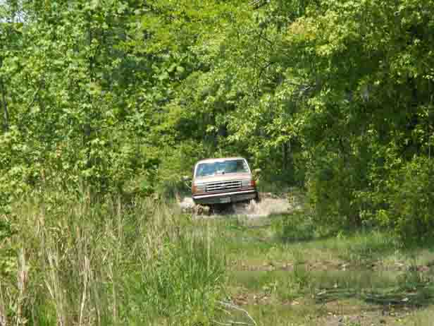 Tan SUV with horizontal grille driving through muddy water surrounded by trees