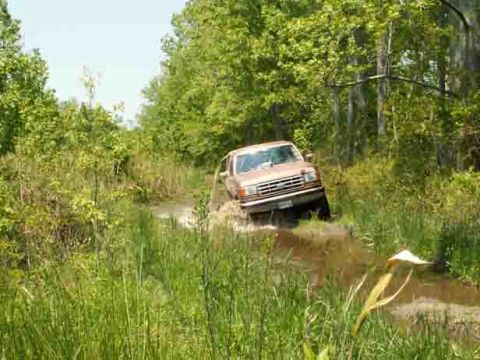 1988 Ford Bronco - A 1987 Ford Bronco navigates a muddy trail, kicking up water as it drives through a wooded area.