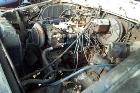 1979 Ford Bronco - Close-up view of the engine compartment, showing various mechanical components and wiring.
