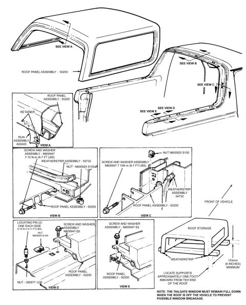 1988 Ford Bronco - Exploded parts diagram of a hardtop roof panel assembly showing weatherstrip, hardware and part numbers across multiple views.