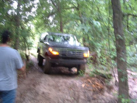 1993 Ford Bronco - Ford Bronco navigating a wooded path with trees on either side.