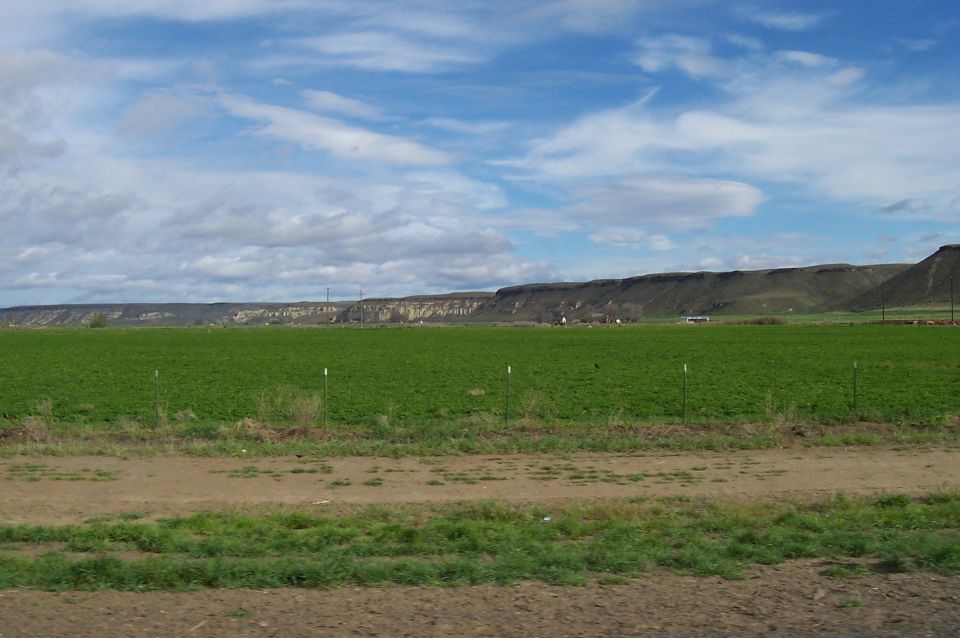 Farm field and distant hills under a cloudy sky