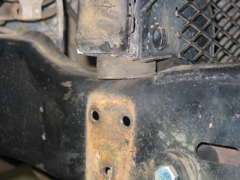 1981 Ford Bronco - The new body mount sits on top of the frame. There is less beef in the radiator support now, time will tell if this was a good move.