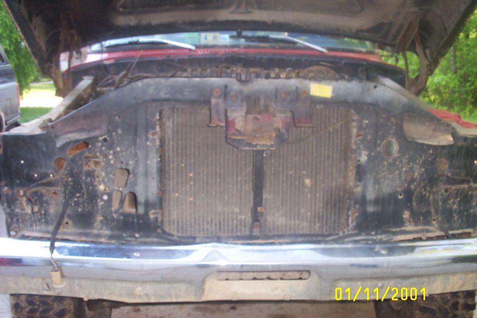 1979 Ford F-150 front with hood open, showing radiator