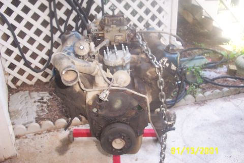 1979 Ford F-150 - A dirty engine sits on a red stand, suspended by a chain, outdoors.