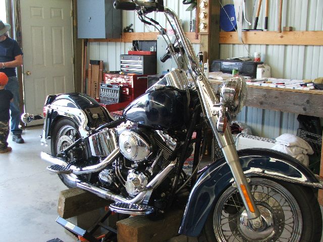 Dark blue Harley-Davidson motorcycle on blocks in a garage. Tools and workbench in background