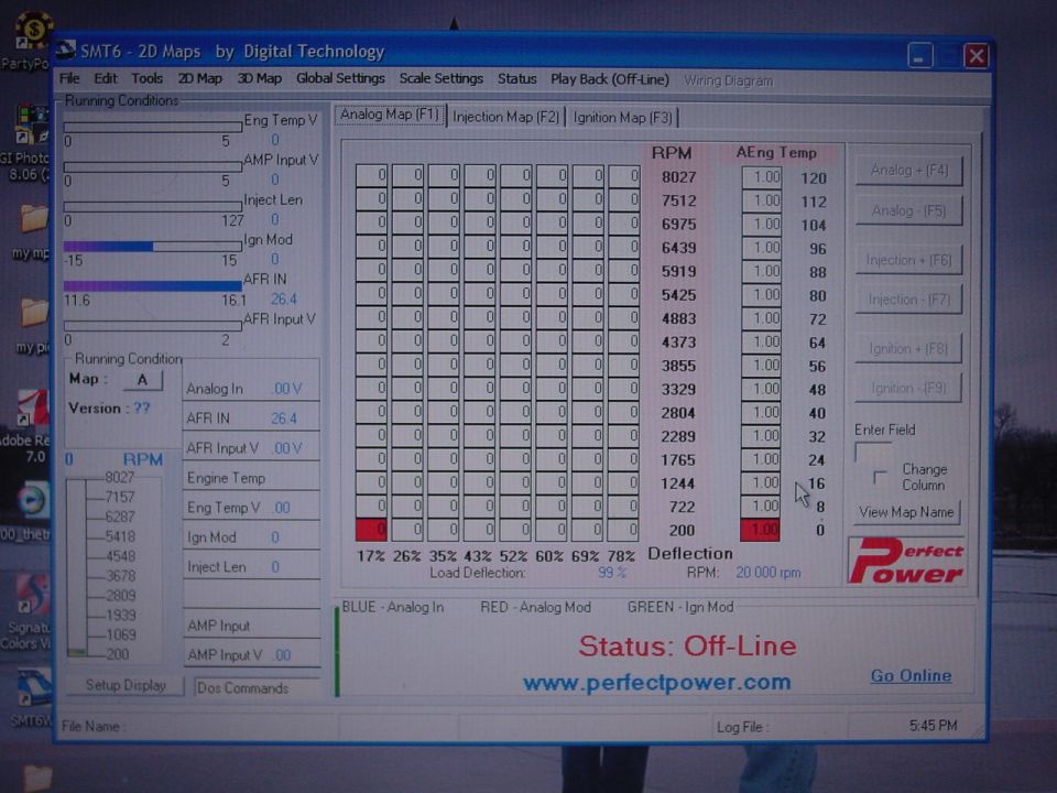 Computer screen showing engine data and tuning maps from Perfect Power software
