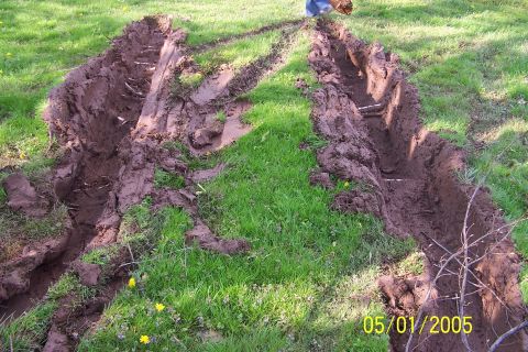 1979 Ford Bronco - Deep tire tracks mar a grassy field, indicating a vehicle has struggled to navigate the terrain.