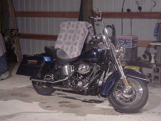 Dark blue Harley-Davidson Softail with saddlebags parked in a shop, left side view