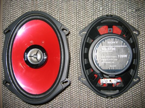 1985 Ford Bronco - Pair of Sony XS-5726 oval car speakers shown from front and rear. The rear label indicates 120W max input power.
