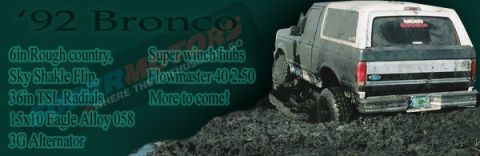 1992 Ford Bronco - This 1992 Ford Bronco is shown from the rear, deeply stuck in mud with its suspension lifted.