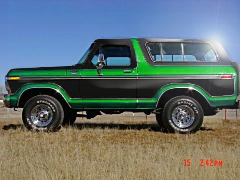 1979 Ford Bronco - Driver-side profile of a green and black two-tone full-size Ford Bronco with a black removable hardtop, parked in a dry grass field under c…
