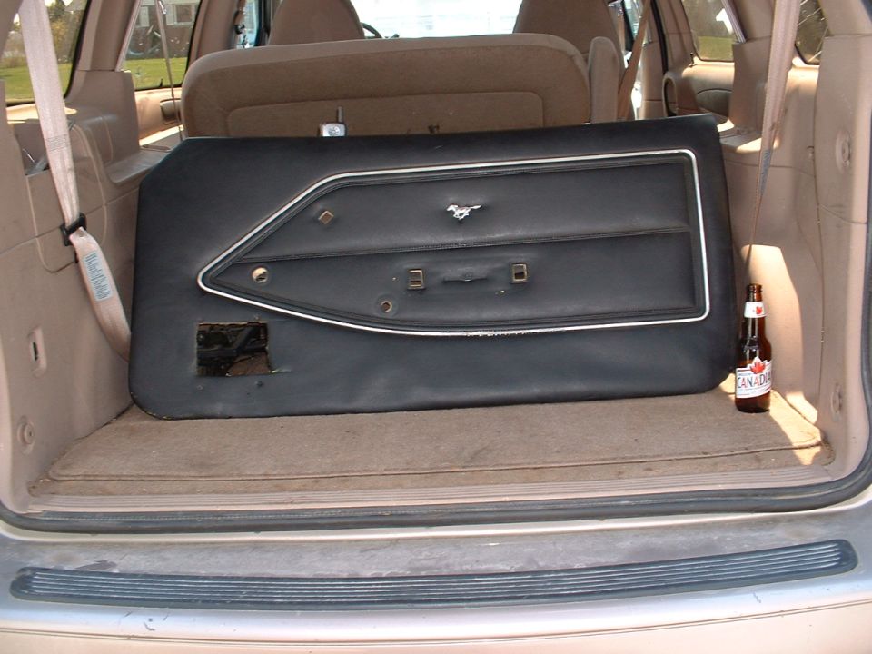 Black door panel with chrome trim and a horse emblem, likely from a 1978 Ford Mustang II
