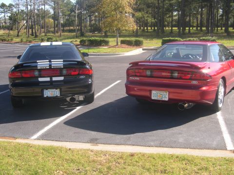 1997 Ford Probe - Two Ford Probes are parked side-by-side in a parking lot, their rear ends and racing stripes.