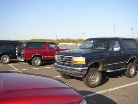 1995 Ford Bronco - Multiple Ford Bronco SUVs are parked in a lot on a sunny day.