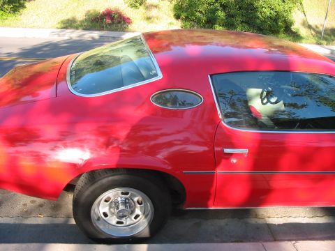 1986 Ford Bronco - Side view of a red coupe with a flat rear tire and distinctive oval rear window.