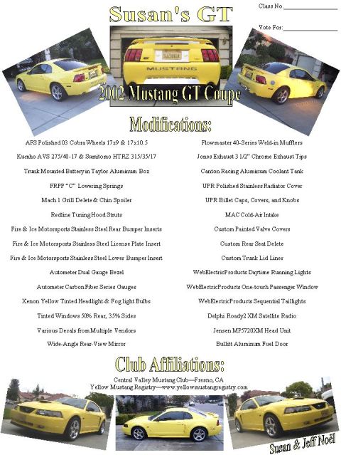 2002 Ford Mustang - Rear view of a yellow 2002 Ford Mustang GT coupe, showing modifications list.