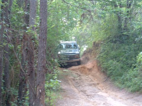 1993 Ford Bronco - Van navigates a tight dirt path surrounded by dense forest foliage.