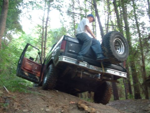 1993 Ford Bronco - A person sits on the tailgate of a Ford F-series truck as it navigates a wooded trail with the driver's side door open.