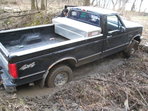 1979 Ford F-150 - Friend gettin ready to back up and try it again (which he makes it that time)