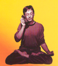 1990 Ford Bronco - A man in meditation pose holds a vintage phone to his ear against a vibrant yellow and orange gradient background.