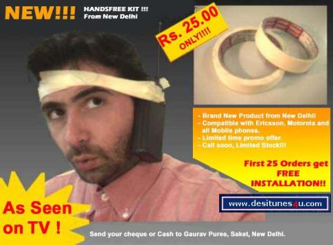 1990 Ford Bronco - Advertisement for a hands-free kit with a man demonstrating its use, alongside product images and promotional text.