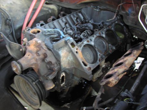 1979 Ford Bronco - A grimy V8 short block sitting in an engine bay with both cylinder heads and the intake manifold removed, exposing the bare cylinder bores…