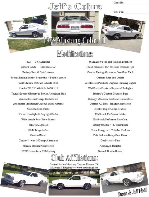 1978 Ford Mustang II - This document displays a 1978 Ford Mustang II with a list of its modifications and club affiliations.