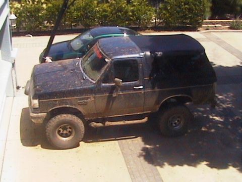 1991 Ford Bronco - A dirty black Ford Bronco with a soft top is parked on a paved surface next to a dark green car.
