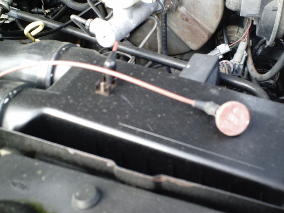 Close-up of engine bay with wiring and hoses visible
