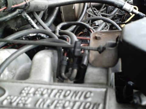 1987 Ford Bronco - The engine bay is filled with wires and hoses, with a clear view of the electronic fuel injection system.