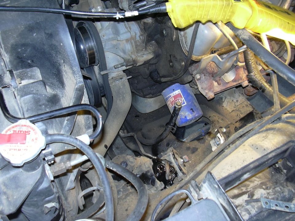 Engine bay with blue oil filter and hoses