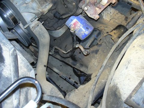 1991 Ford Bronco - A view of engine components including an oil filter and various hoses and belts.