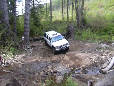 1991 Ford Bronco - A white SUV navigates a challenging off-road path through a dense forest.
