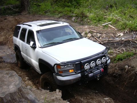 1991 Ford Bronco - This white SUV navigates a challenging off-road trail, demonstrating its capability on rough terrain.