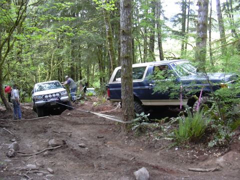 1991 Ford Bronco - Two vehicles are winched out of a muddy trail in a forest setting.