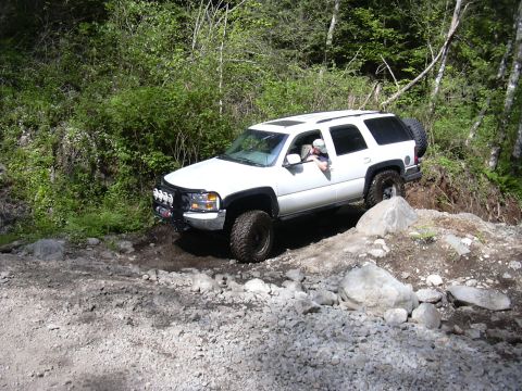 1991 Ford Bronco - A white SUV navigates a challenging rocky terrain surrounded by dense foliage.